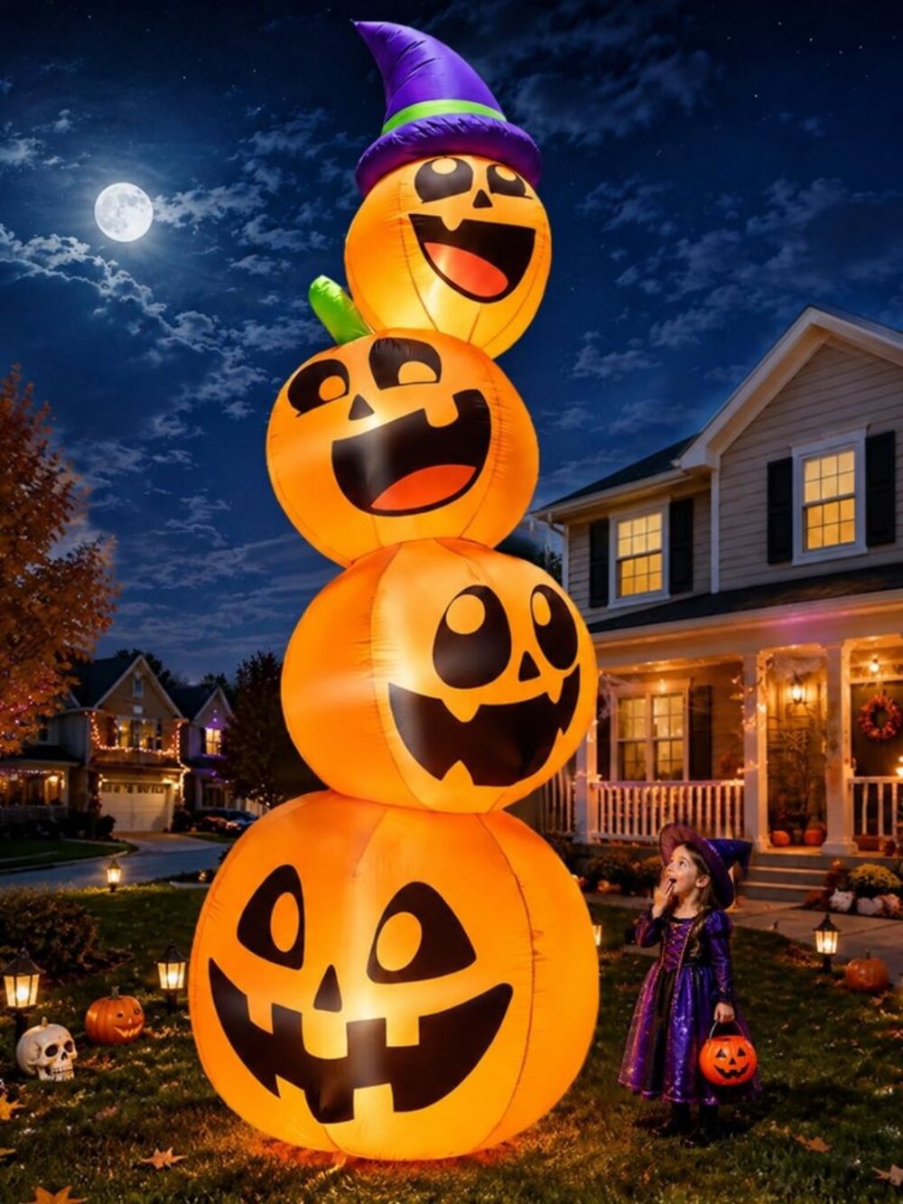 Giant 12FT Halloween Inflatable Pumpkin Stack - LED Blow Up Yard Decor, Witch